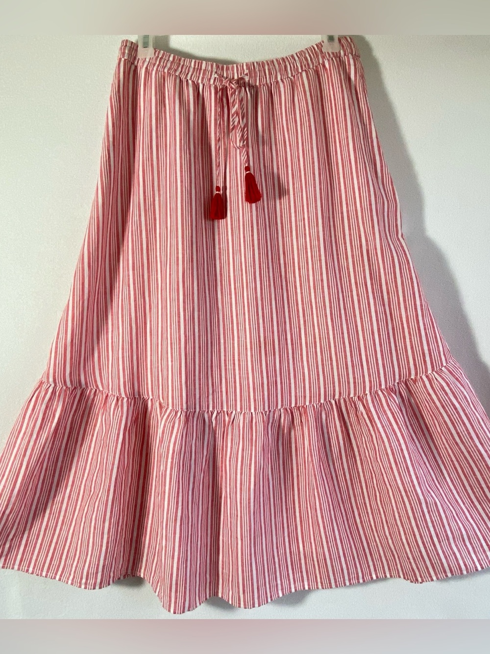 TALBOTS Linen/Cotton Blend Maxi Skirt Red/White Striped Elastic Waist Flare Sz L